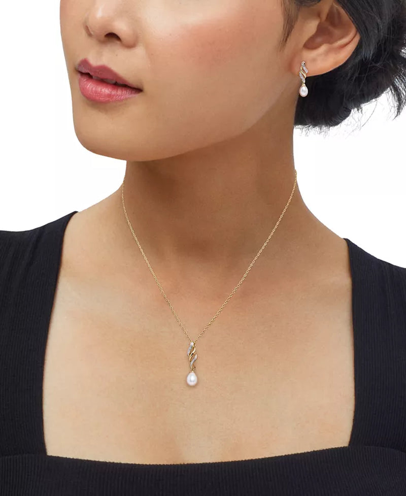 2-Pc. Set Cultured Freshwater Pearl (6 & 7Mm) & Diamond Accent Swirl Pendant Necklace & Matching Drop Earrings in 14K Gold-Plated Sterling Silver