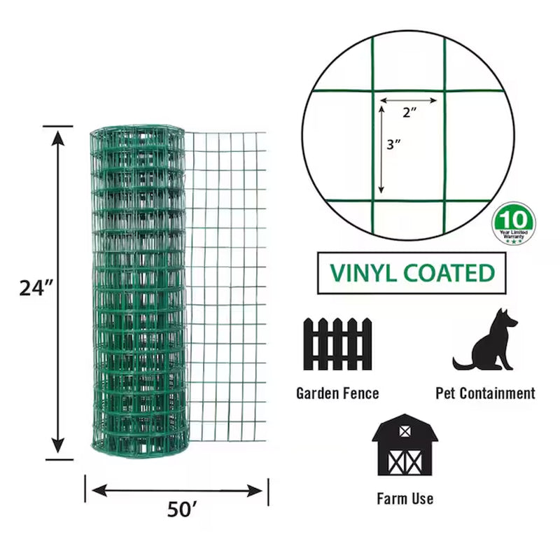 50-Ft X 2-Ft Green PVC Coated Steel Welded Wire Rolled Fencing 2-In X 3-In - Mesh Size