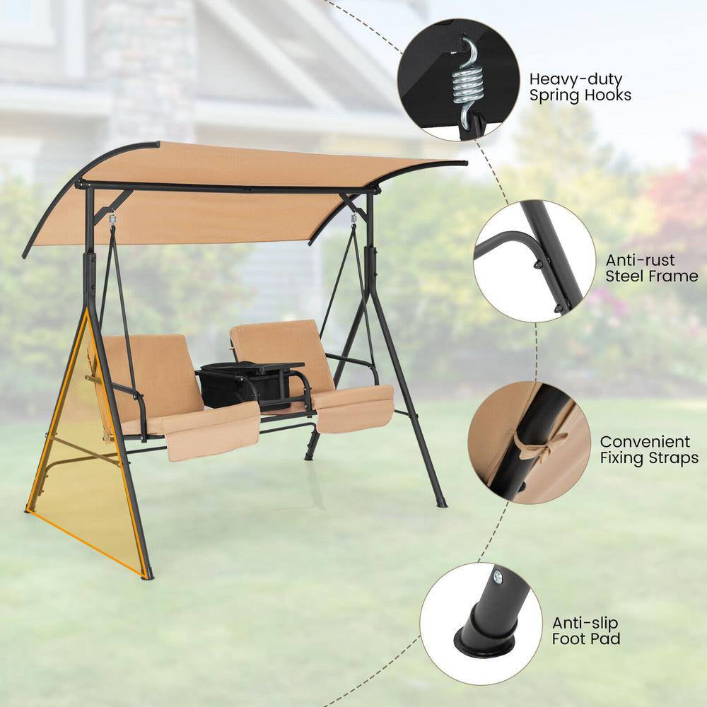 2-Person Metal Patio Swing Chair with Adjustable Canopy, 360° Rotatable Tray, Beige