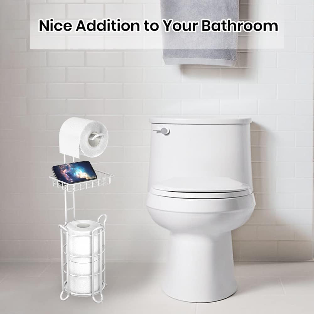 Toilet Paper Roll Holder Stand Bathroom Tissue Holders Free Standing with Middle Shelf Storage Reserve Mega Rolls/Phone/Wipe-Gray