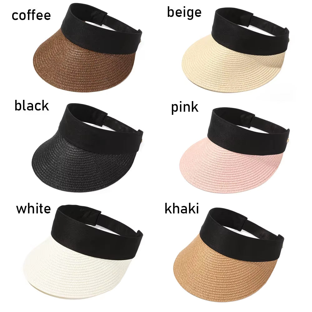 Summer Empty Top Suncap Portable Foldable Magic Tape Roll-Up Beach Hat Wide Brim Women Sun Hat Fashion Casual Straw Cap Visors