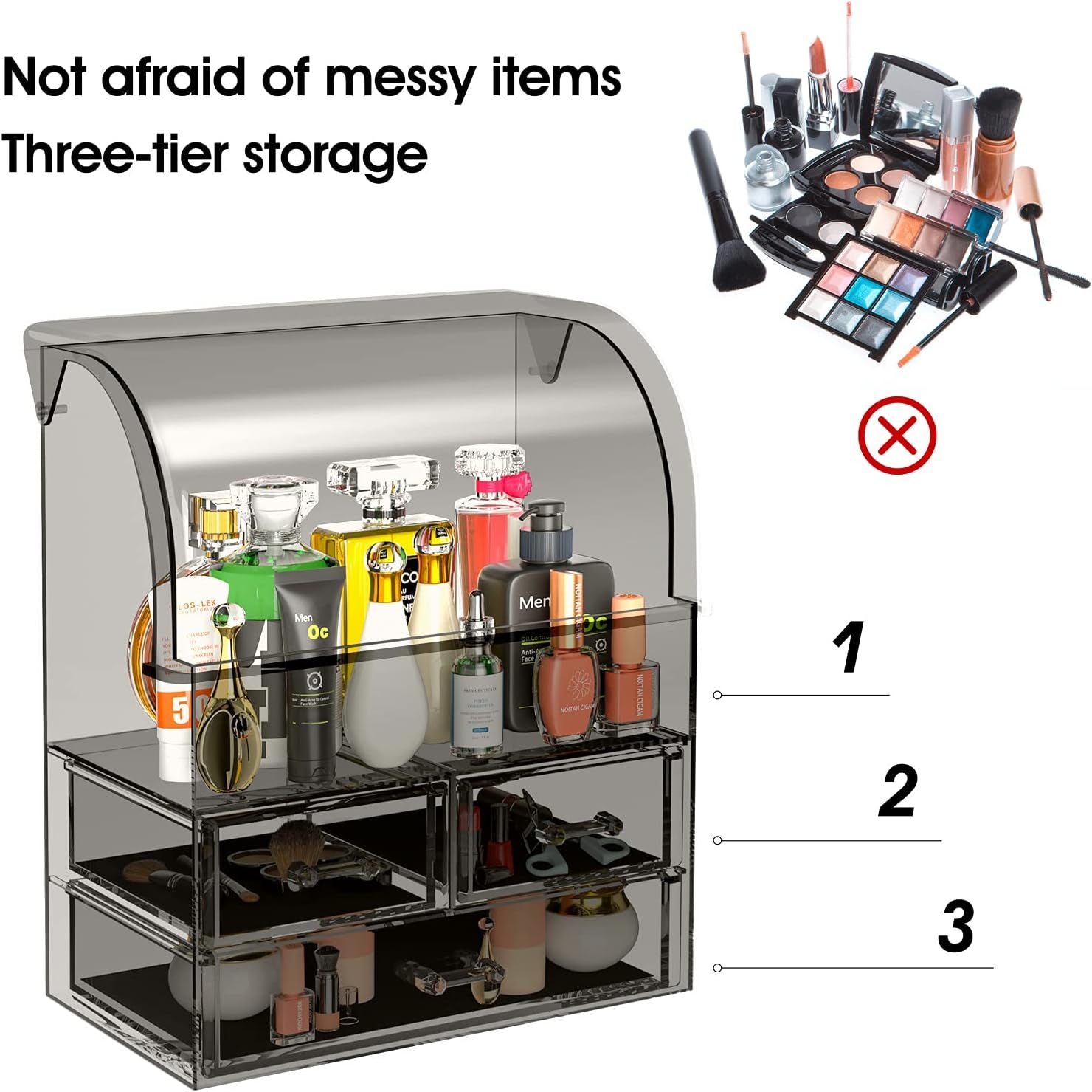 Cosmetic Makeup Organizer, Acrylic Cosmetic Display Cases with Lid for Dustproof Waterproof, Cosmetic Storage Box with 3 Drawers for Makeup Tools, Lipsticks, Perfume, Jewelry (Black Clear)