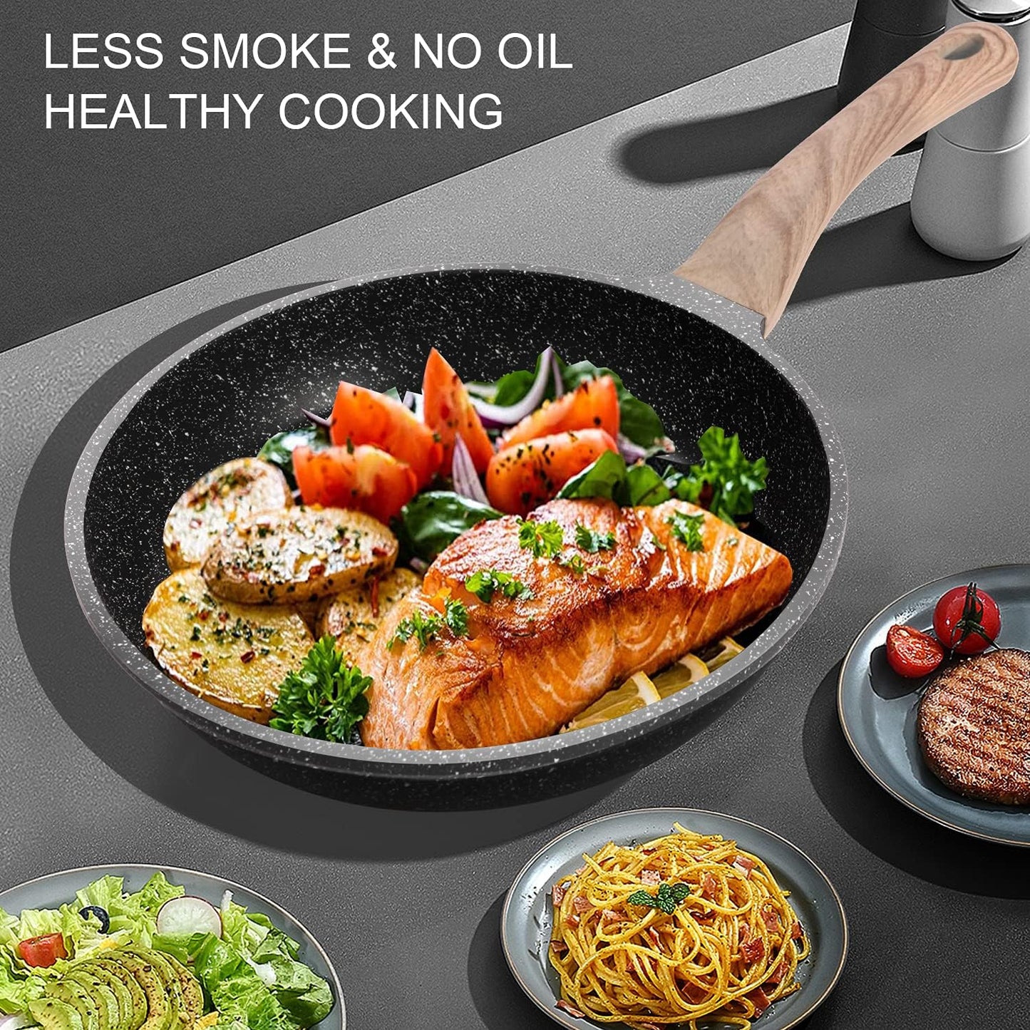 Nonstick Frying Pan Skillet Granite Coating Egg Omelet Pan 8 Inch Nonstick Pan with Woodgrain Handle, Non Stick Cooking Pans for All Stove Tops, PTFE PFOA Free, Induction Compatible