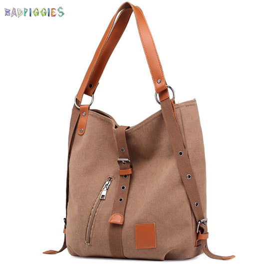 Canvas Handbag Tote Shoulder Bag for Women Casual School Purse Hobo Bag Rucksack Convertible Backpack (Coffee)