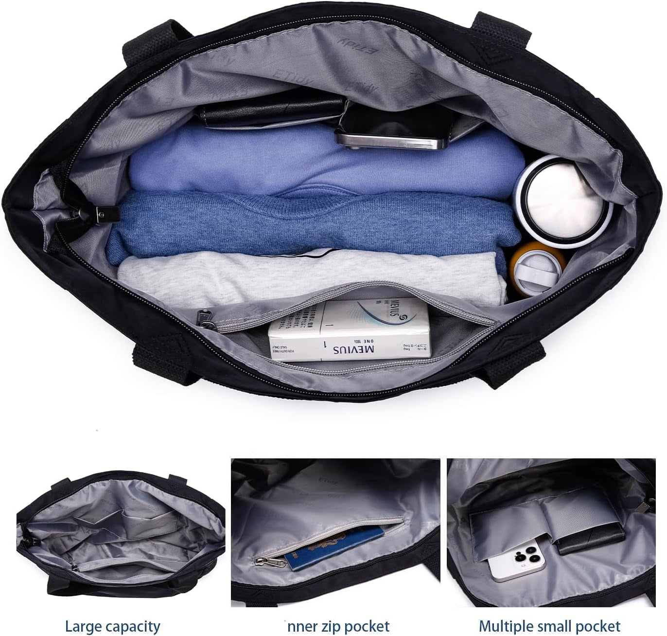 Large Capacity Foldable Tote Bag with Zipper Water-Resistant Sandproofwomen Beach Bag Handbag Gymbag Travel Shoppingbag