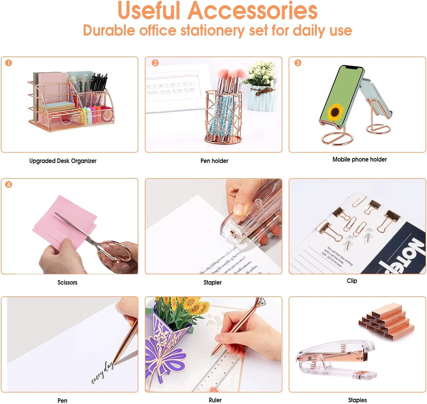 Desk Organizers Accessories Office Supplies Set Stapler, Pen Holder, Phone Holder, Scissors, Pen, Ruler, 30 Paper Clips, 22 Bind