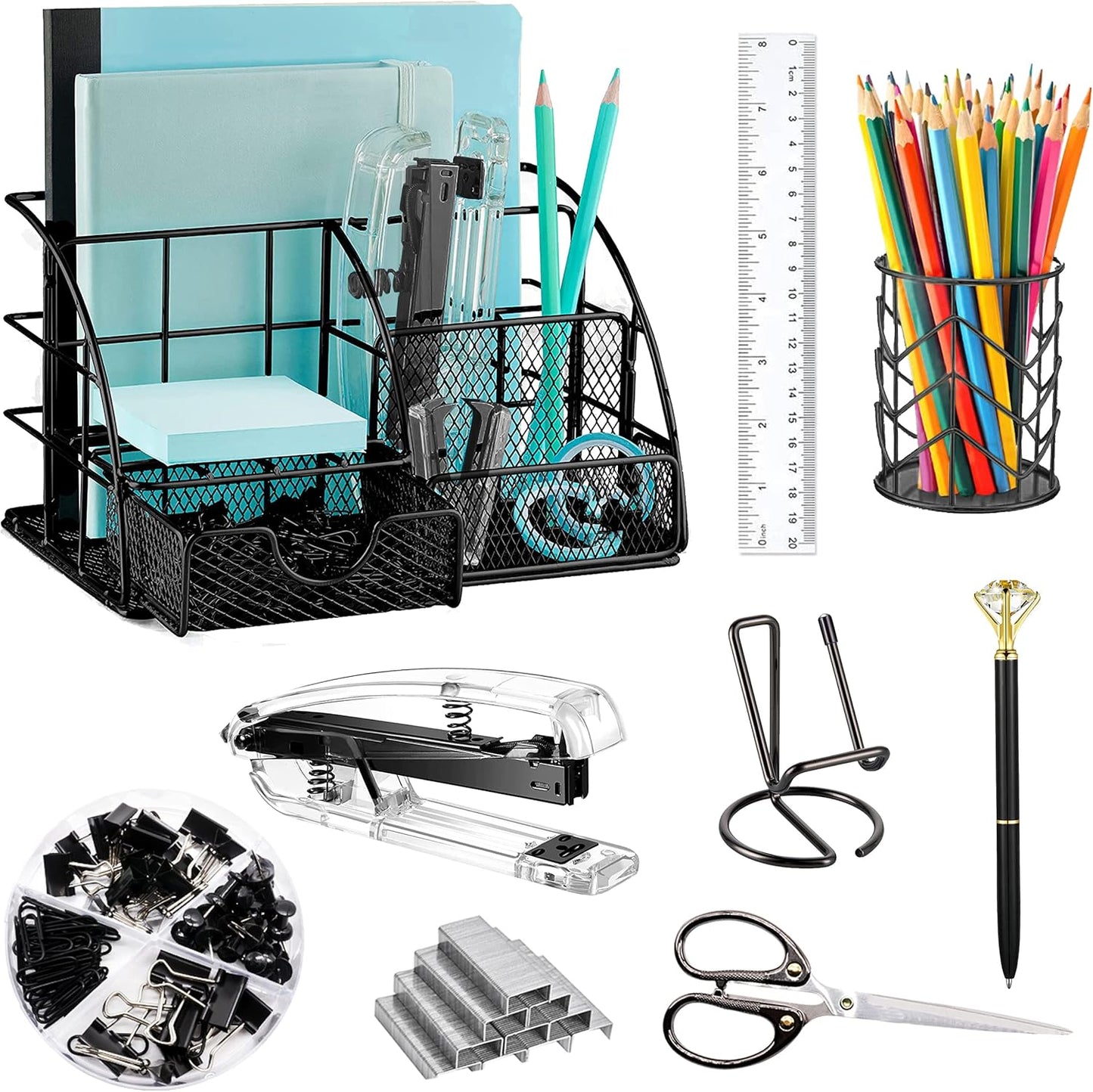 Desk Organizers Accessories Office Supplies Set Stapler, Pen Holder, Phone Holder, Scissors, Pen, Ruler, 30 Paper Clips, 22 Bind