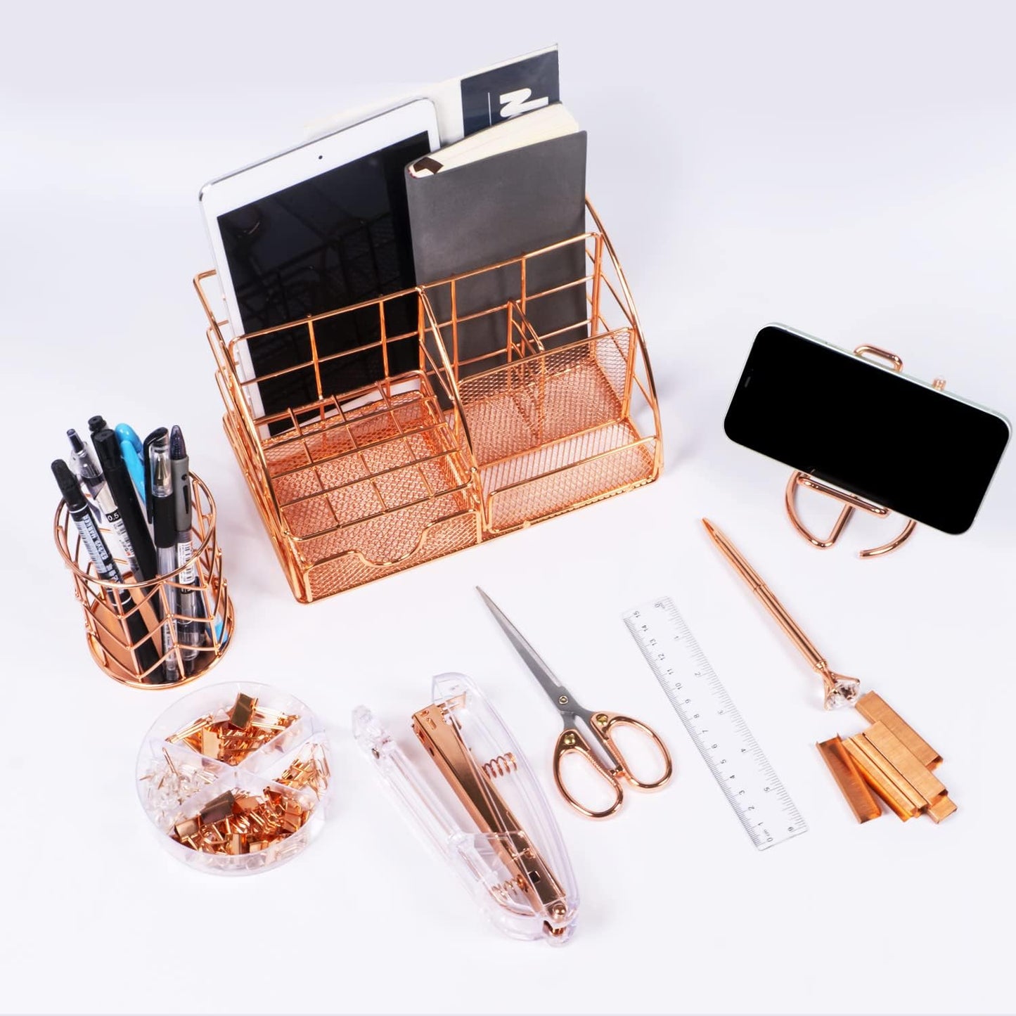 Desk Organizers Accessories Office Supplies Set Stapler, Pen Holder, Phone Holder, Scissors, Pen, Ruler, 30 Paper Clips, 22 Bind