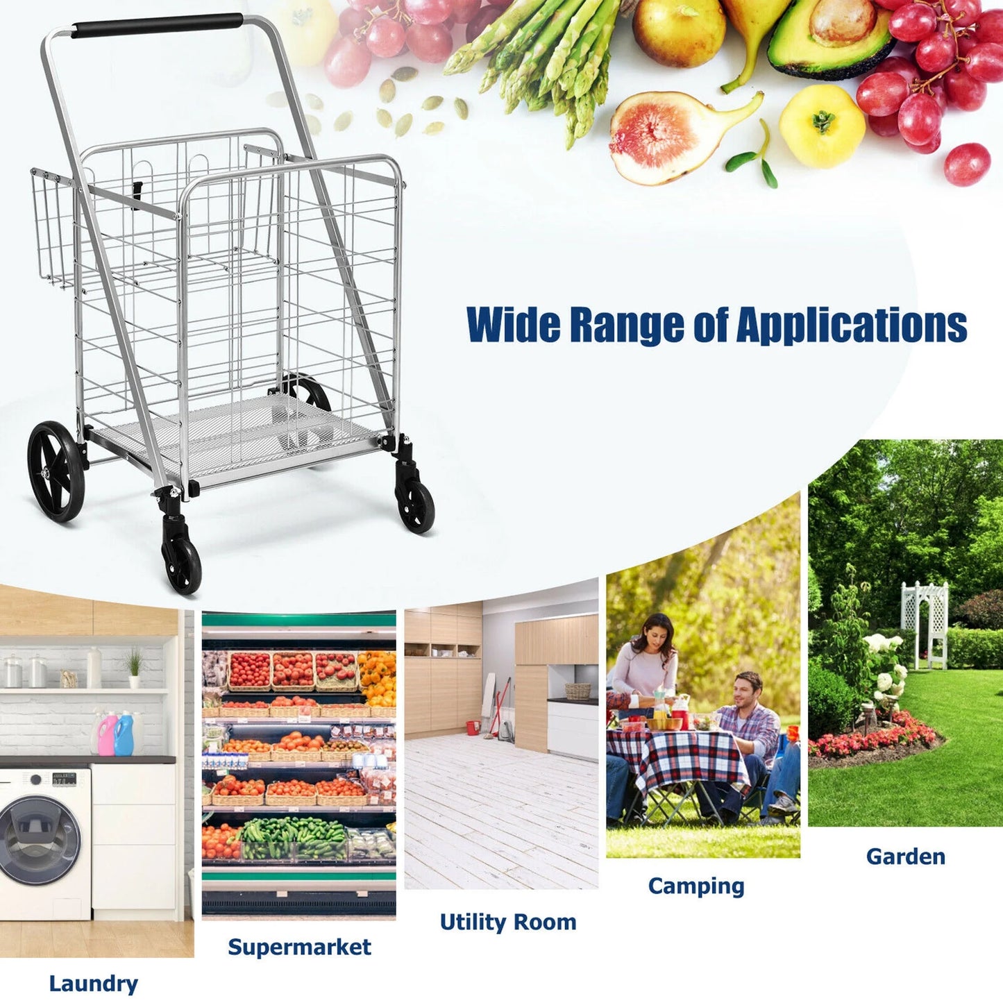 330Lbs Heavy Duty Folding Shopping Cart Utility Jumbo Double Basket Silver