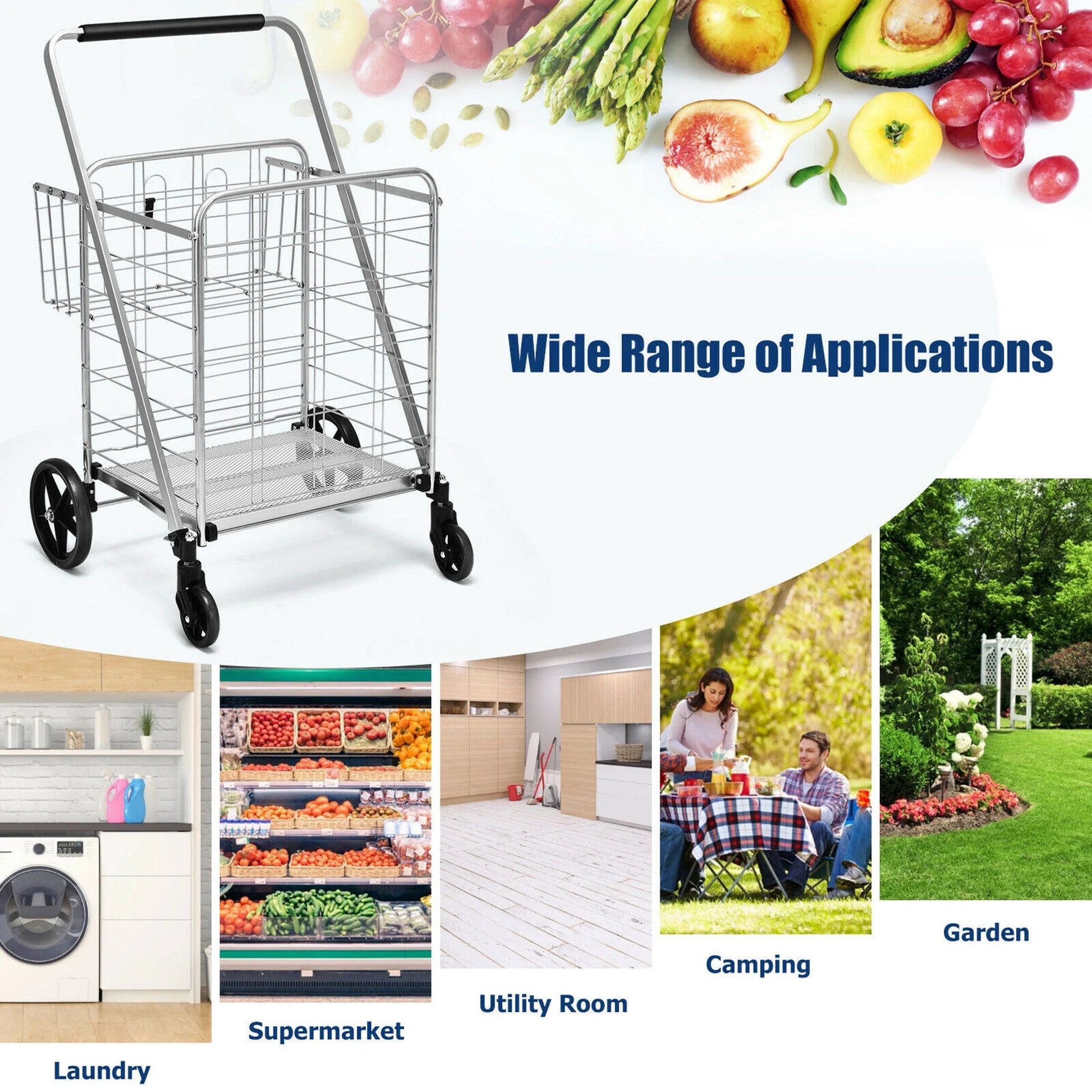 330Lbs Heavy Duty Folding Shopping Cart Utility Jumbo Double Basket Silver