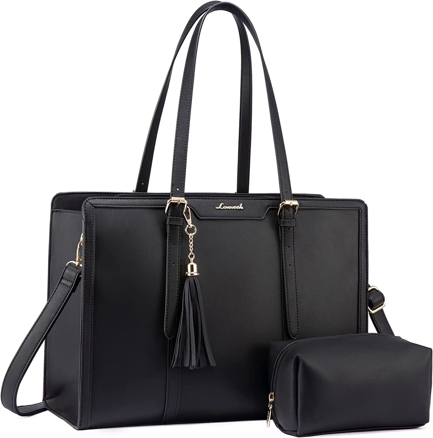 Laptop Tote Bag for Women,Pu Leather Laptop Purses,Large Capacity Laptop Bag Computer Bag with Clutch Purse for Business,Work,Study,Office,Travel-Black