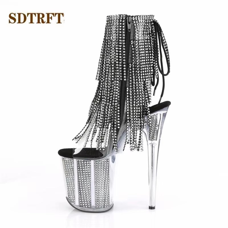 Stilettos 20Cm Thin Heels Ankle Boots Transparent Platforms Shoes Woman Rhinestone Tassels Botas Mujer Sequined Pumps