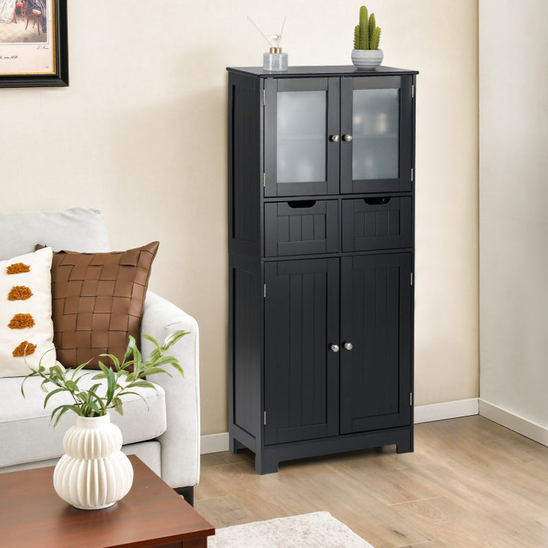 4 Door Freestanding Bathroom Floor Storage Cabinet with 2 Drawers and Glass Doors