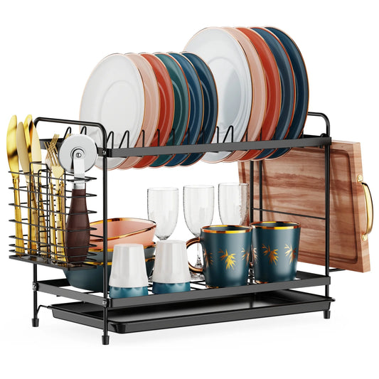 2 Tier Dish Racks Dish Drainers with Water Tray Cutlery Holder for Small Kitchen Households Black, 18.90 X 8.27 X 11.81 Inches