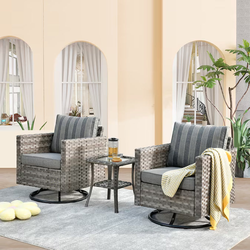 Shine Set of 2 Rattan Gray Swivel Rocker Rocking Chair with Orange Cushioned Seat
