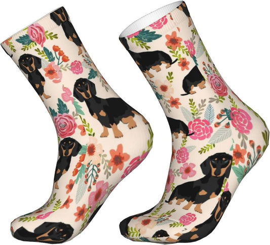 Dachshund Socks for Women,Funny Novelty Crew Crazy Socks Gifts for Men Women Pink Flowers