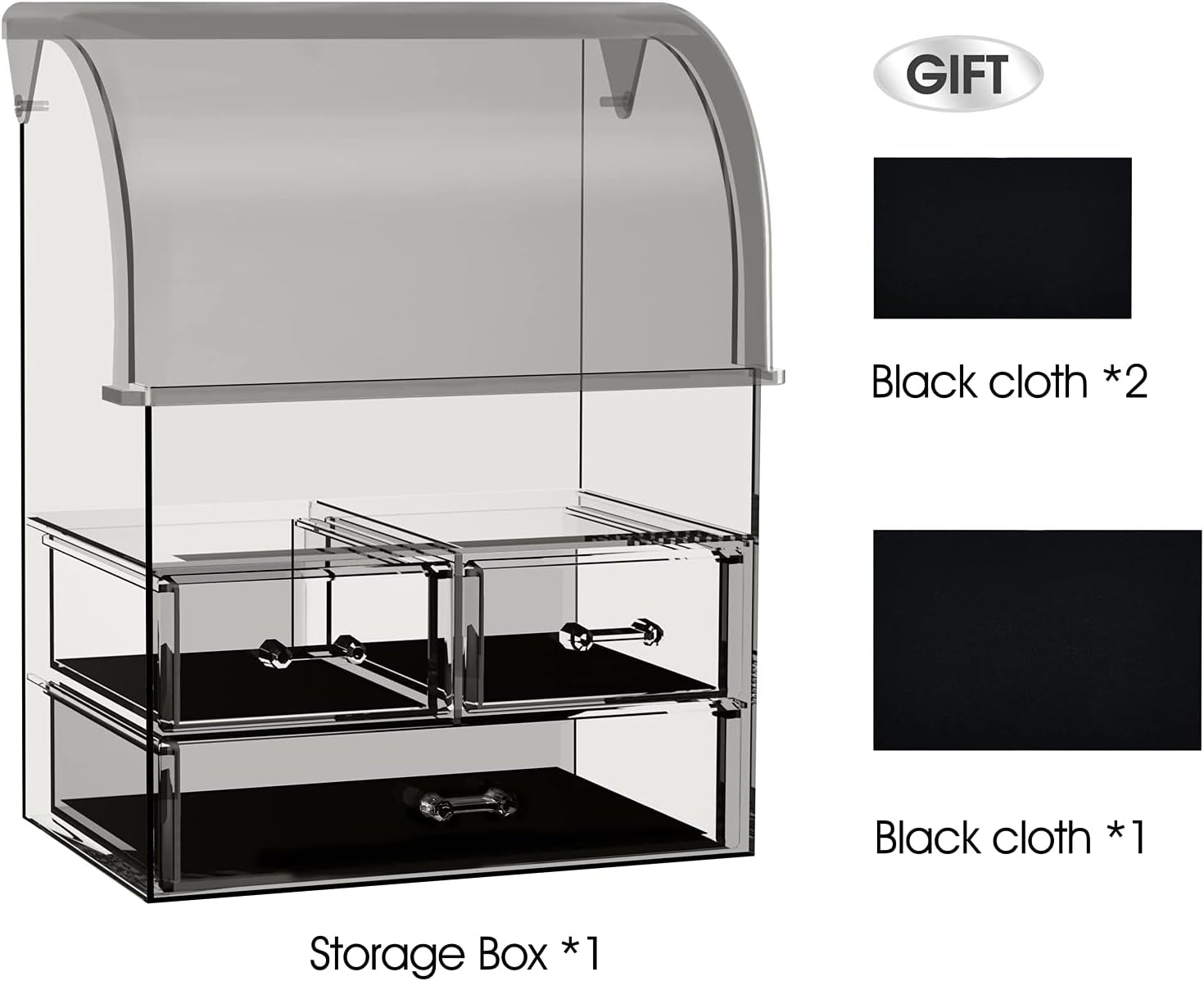 Cosmetic Makeup Organizer, Acrylic Cosmetic Display Cases with Lid for Dustproof Waterproof, Cosmetic Storage Box with 3 Drawers for Makeup Tools, Lipsticks, Perfume, Jewelry (Black Clear)