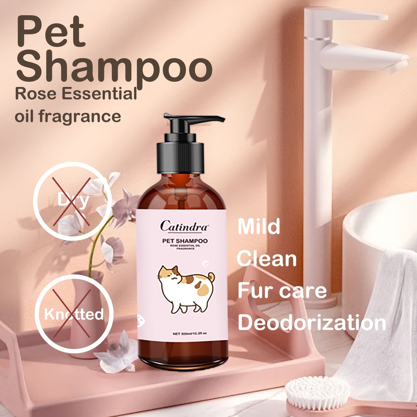 1pc GentleCare Catindra Pet Shampoo - Soothing Rose Essential Oil Fragrance, Tear-Free Formula, Non-Irritating, Odor-Eliminating, Softening Fur Care for Dogs and Cats - 300ml Bottle