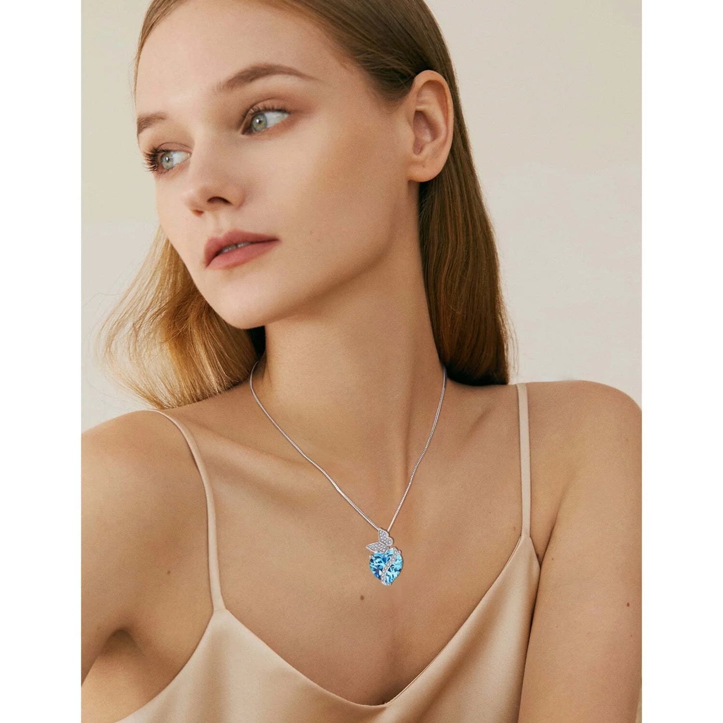 Sterling Silver March Birthstone Heart Necklace Butterfly Pendant Jewelry Gift for Women