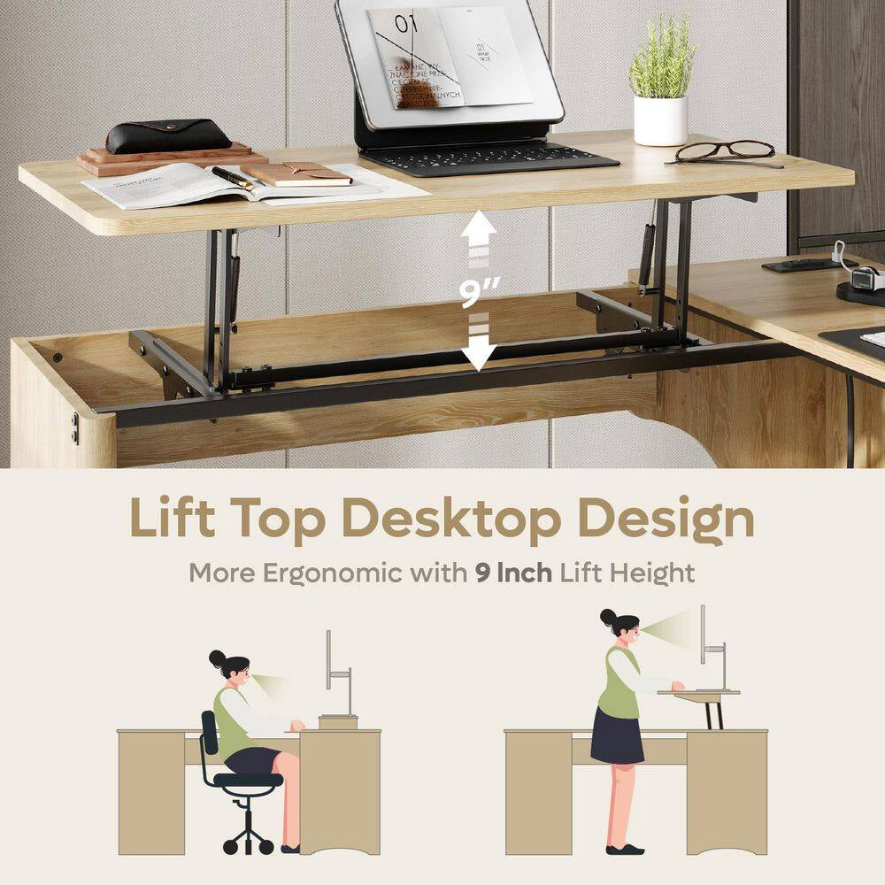 55 In. Natural 2-Storage Drawers L-Shaped Computer Desk with Power Outlets, Lift-Top and Monitor Stand