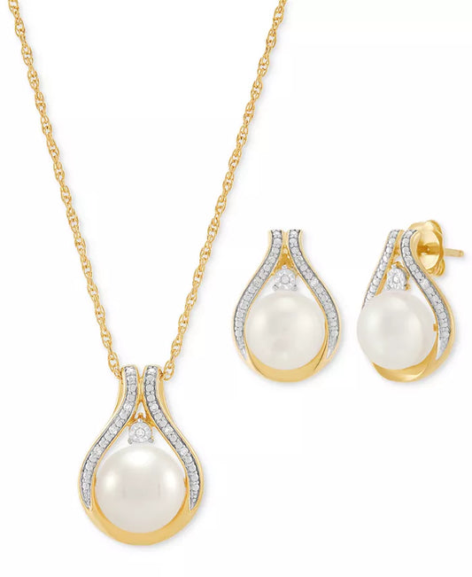 2-Pc. Set Cultured Freshwater Pearl (8 & 9Mm) & Diamond Accent Halo Pendant Necklace & Matching Stud Earrings in 14K Gold-Plated Sterling Silver