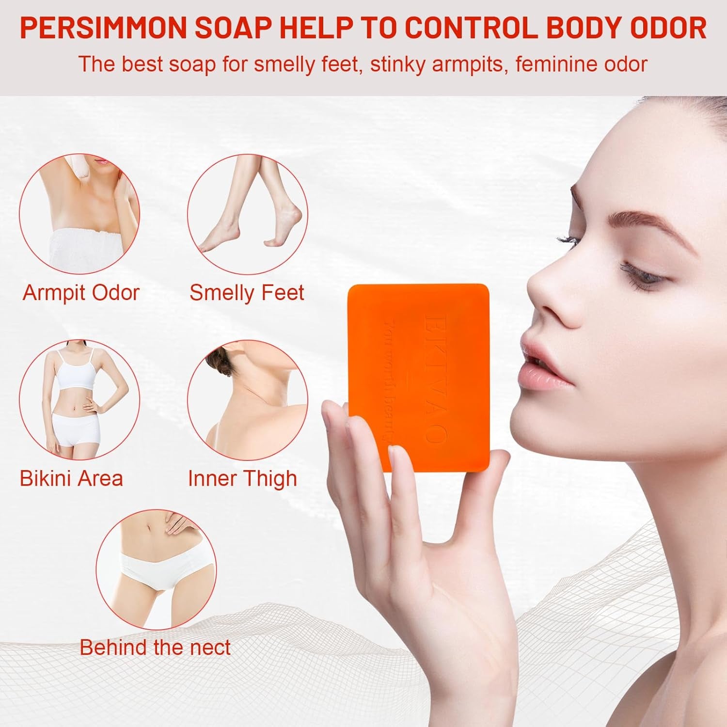 3Pack Natural Persimmon Soap Bar for Body Odor Control, Organic Deodorant Body P