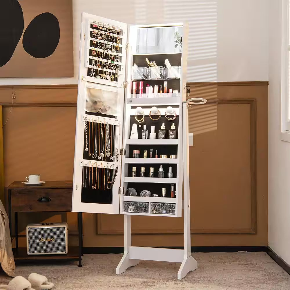 White Wood 16 In. W Standing Jewelry Armoire Cabinet Full Length Mirror Lockable with 3-Color LED Lights