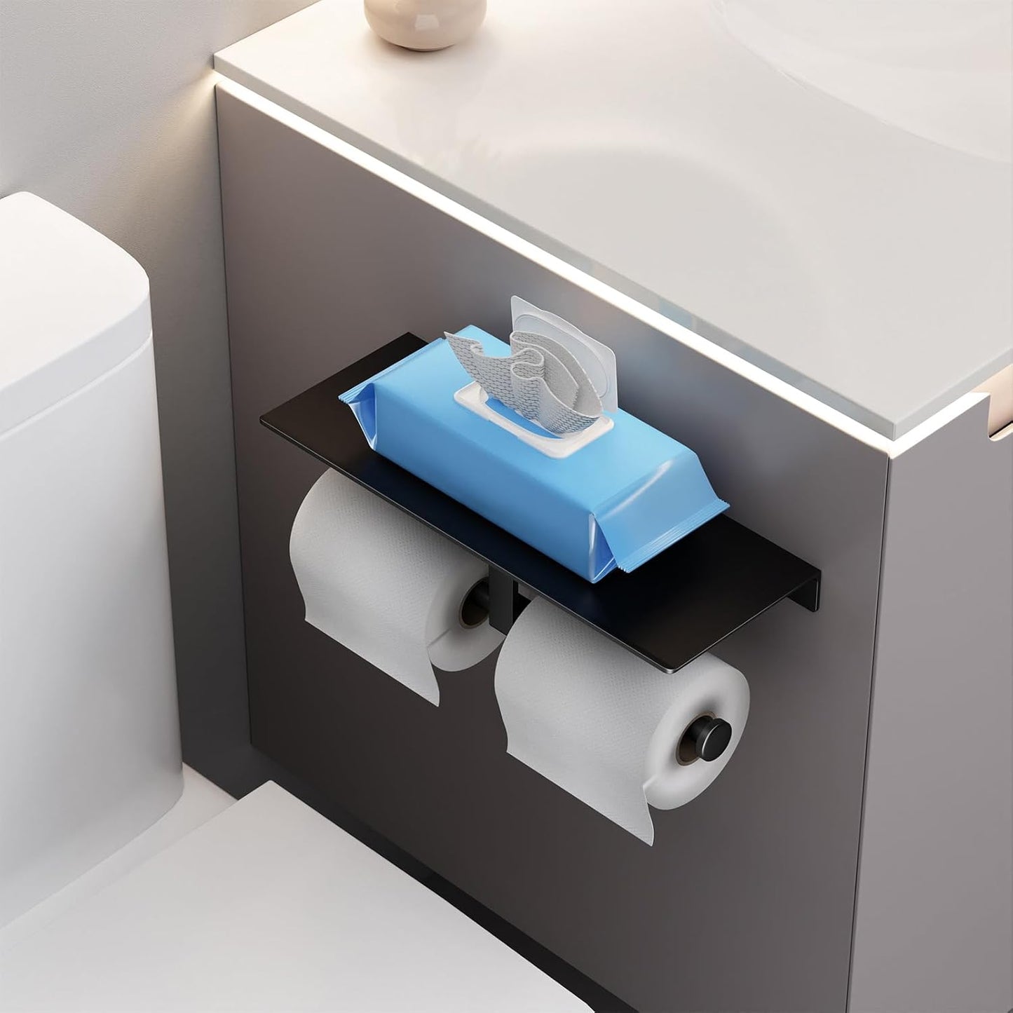 Matte Black Toilet Paper Holder with Shelf, Wall-Mounted Bathroom Organizer, Double Roll