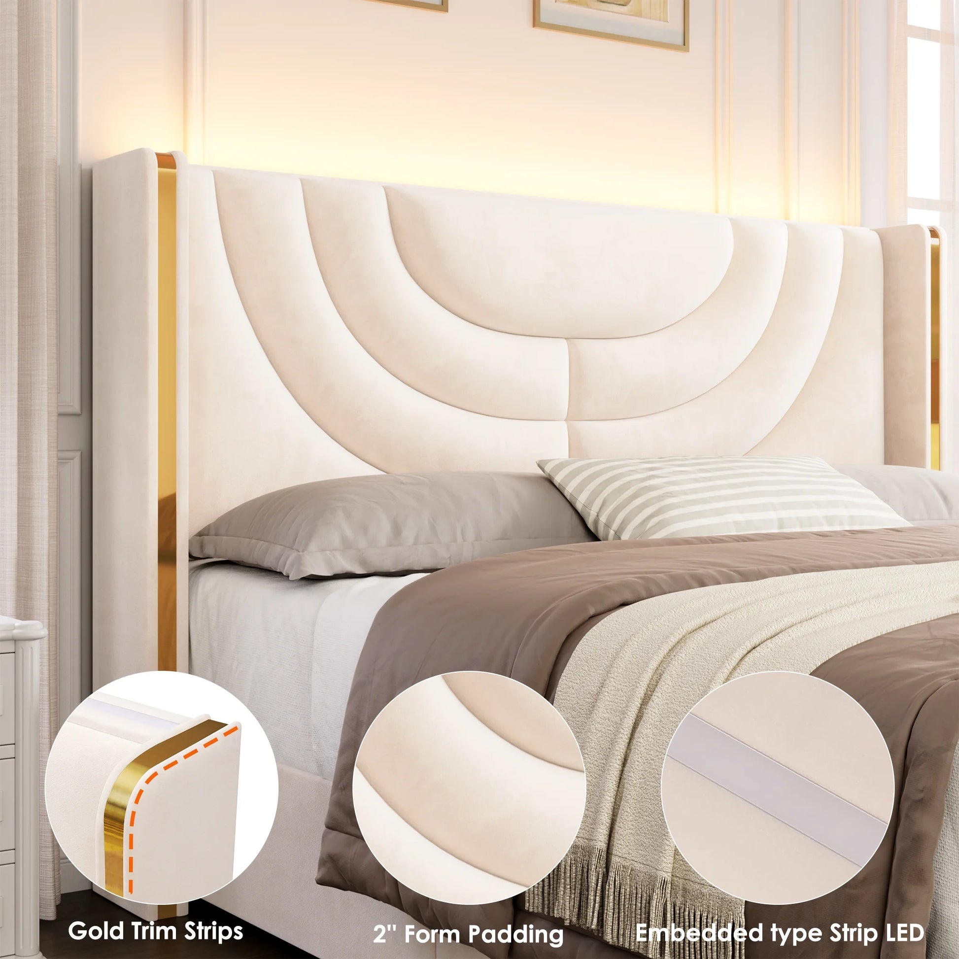 Queen Size LED Bed Frame with 2 Drawer Storage, Wingback Platform Bed with Velvet Upholstered Headboard, Off-White