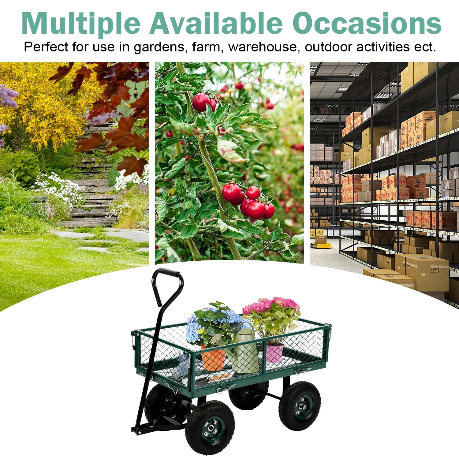 Garden Cart Garden Wagon Carts Heavy Duty Steel Garden Utility Carts with Removable Side and Wheels, Beach Lawn Dumping Yard Cart for Outdoor, Green