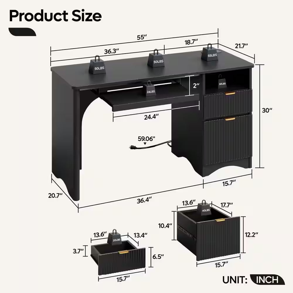 55 In. Black Office Desk with Power Outlets, 2-Storage Drawers and Keyboard Tray