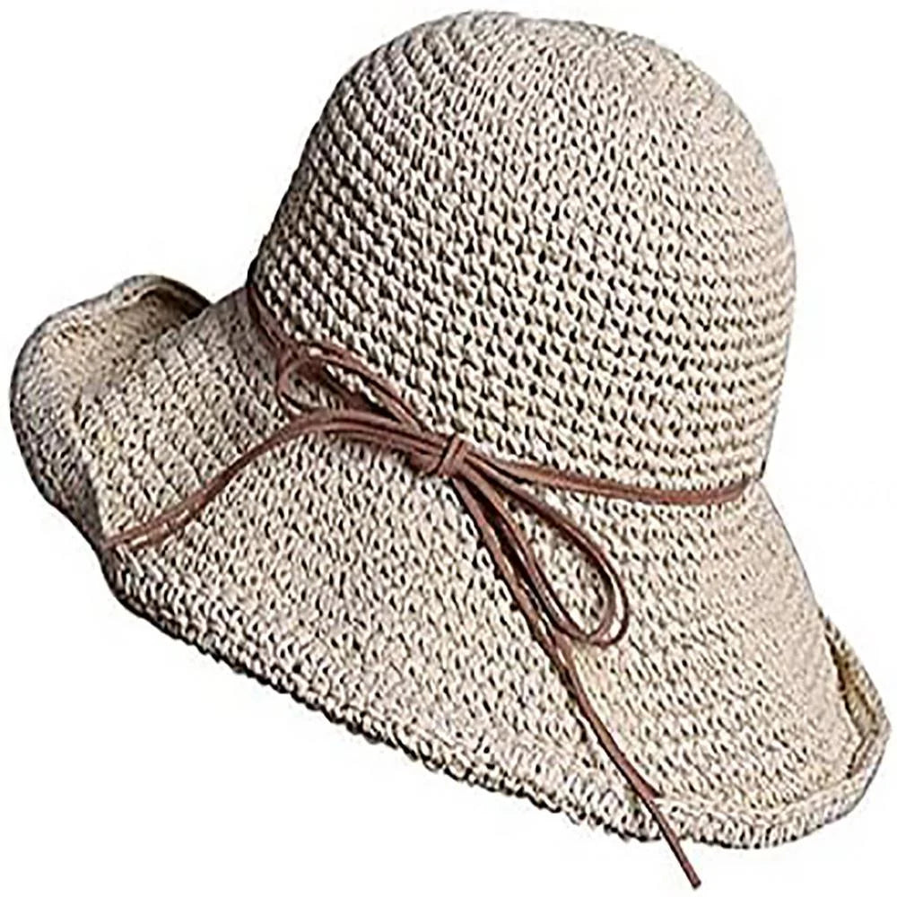 Womens Beach Sun Straw Hat Floppy Straw Sun Hat Travel Foldable Brim Summer Outdoor Sun Visor Hat for Women Girl Summer Outdoor Shade Tied Bow Foldable Hand-Woven,Beige