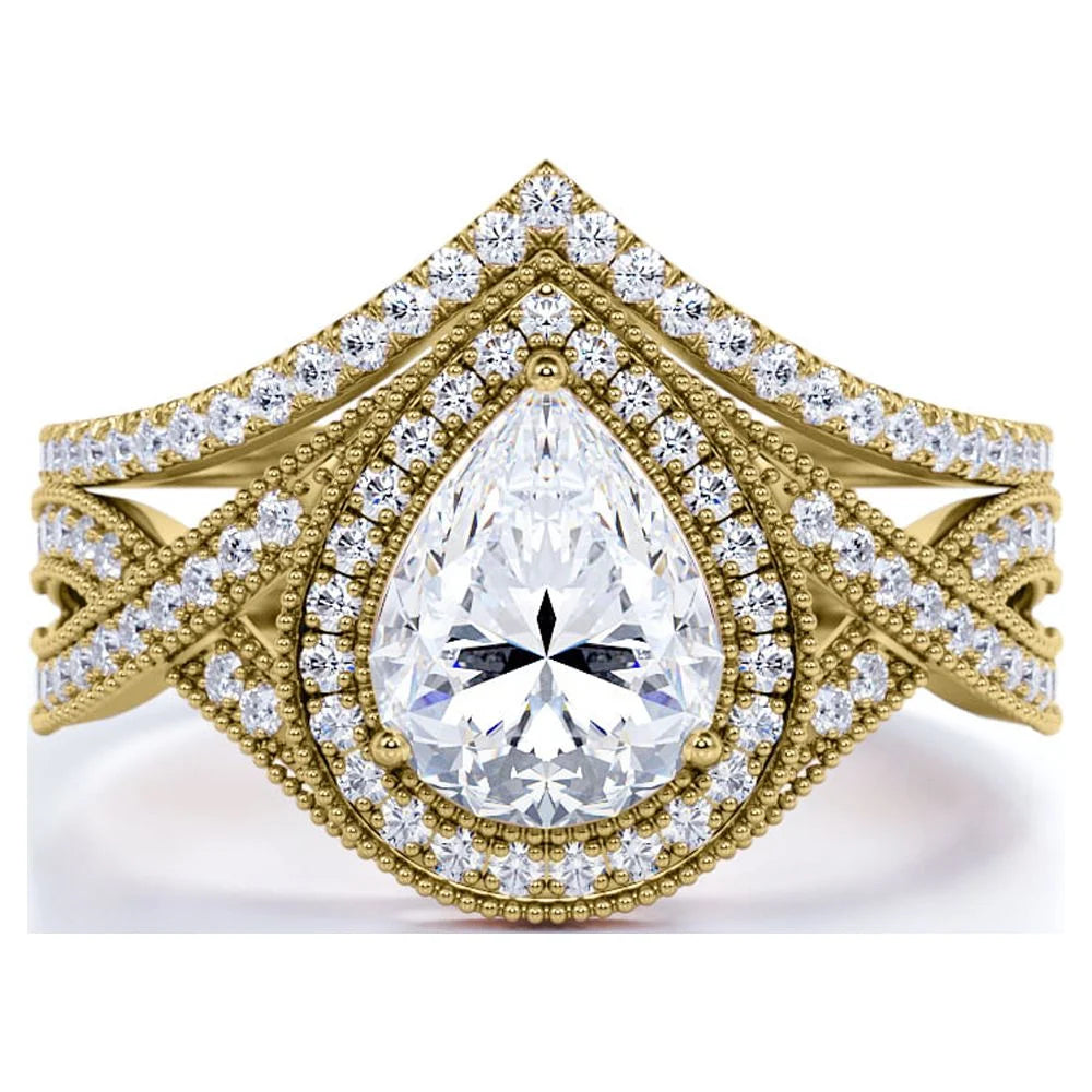 1.5 Carat Pear Cut Moissanite Wedding Set - Bridal Set - Art Deco Ring - Halo Ring - Cluster Ring - 18K Yellow Gold over Silver