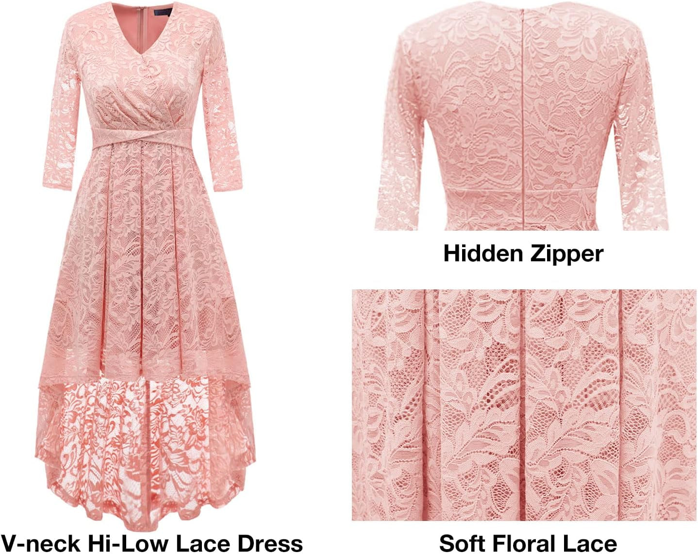 Spring Summer Mother of the Bride Dresses Hi-Low Lace 3/4 V-Front Sleeve Wedding Guest Dress