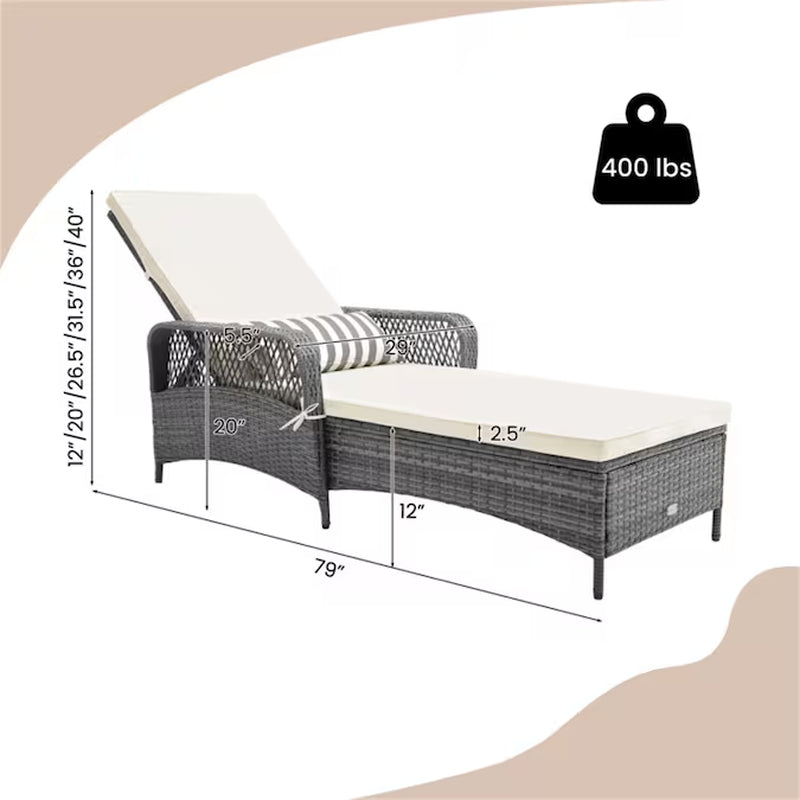 Outdoor Chaise Lounge Chair Recliner Rattan Mix Gray Steel Frame Stationary Chaise Lounge Chair with Off-White Polyester Cushioned Seat