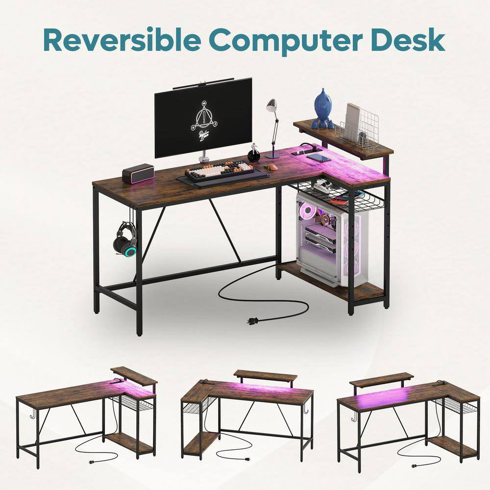 58 In. L-Shaped Rustic Brown LED Gaming Desk with Storage Shelf and Power Outlets