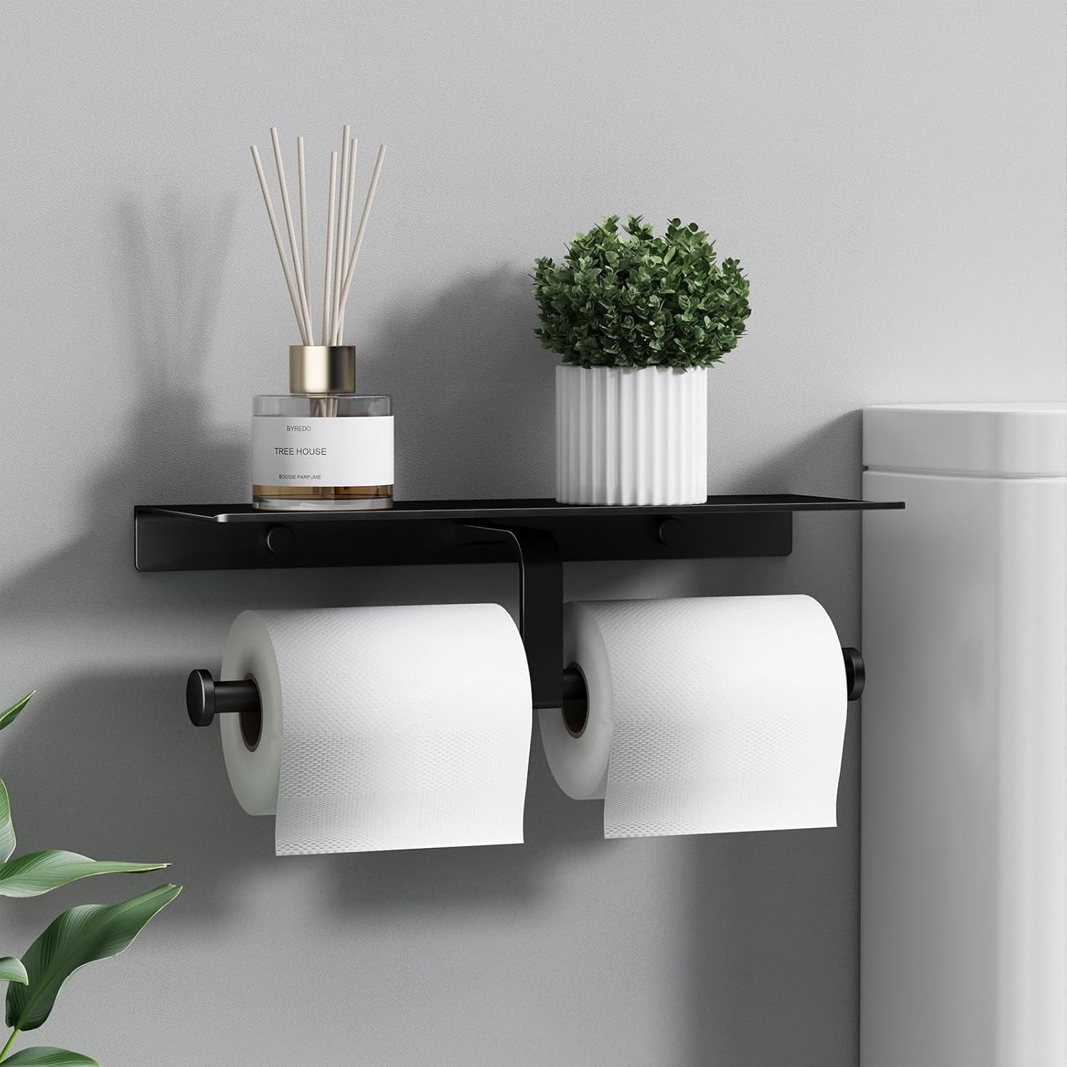 Matte Black Toilet Paper Holder with Shelf, Wall-Mounted Bathroom Organizer, Double Roll
