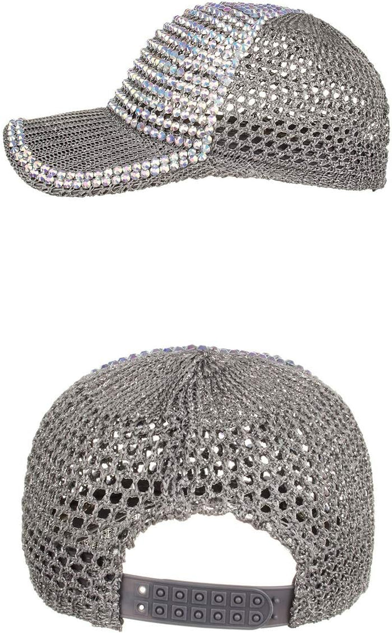 Women Men Studded Rhinestone Crystals Adjustable Ponytail Mesh Baseball Cap Shiny Bling Casual Sports Cap Breathable Sun Hat