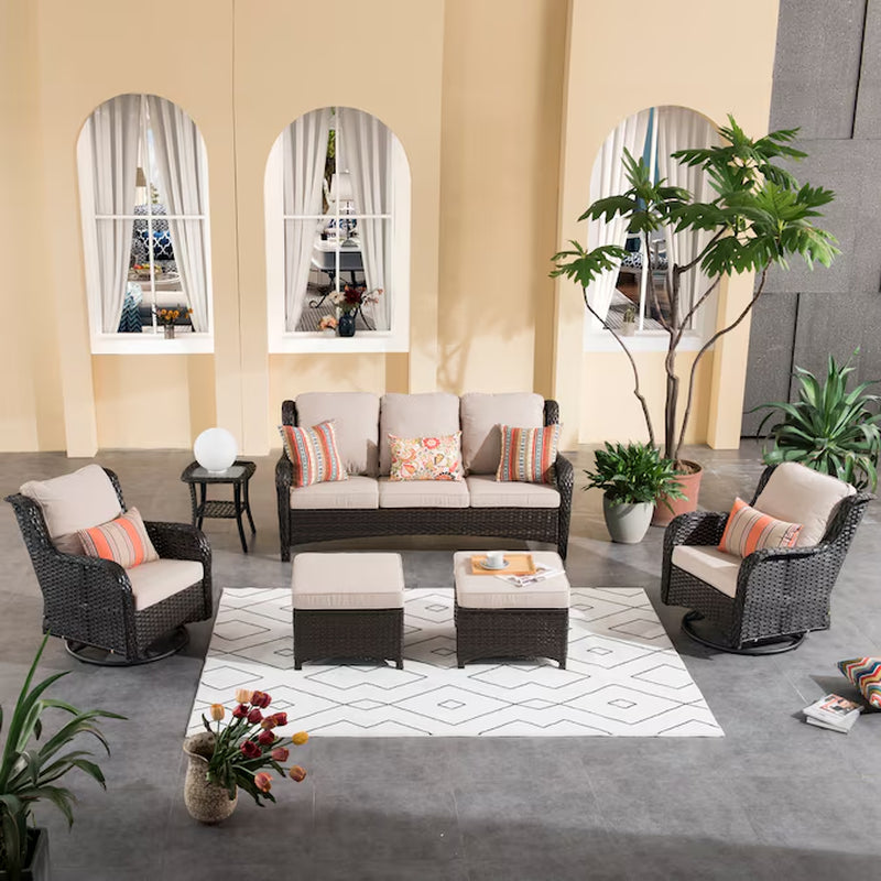 6 -Piece Rattan Patio Sofa Conversation Set with Beige Cushions