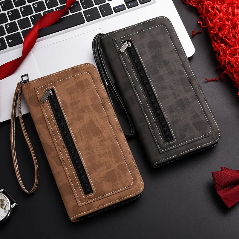 Men'S Long Wallet Vintage Zipper Coin Purses Credit Card Holder Business Clutch Bag Phone Money Purses Porable PU Leather Wallet