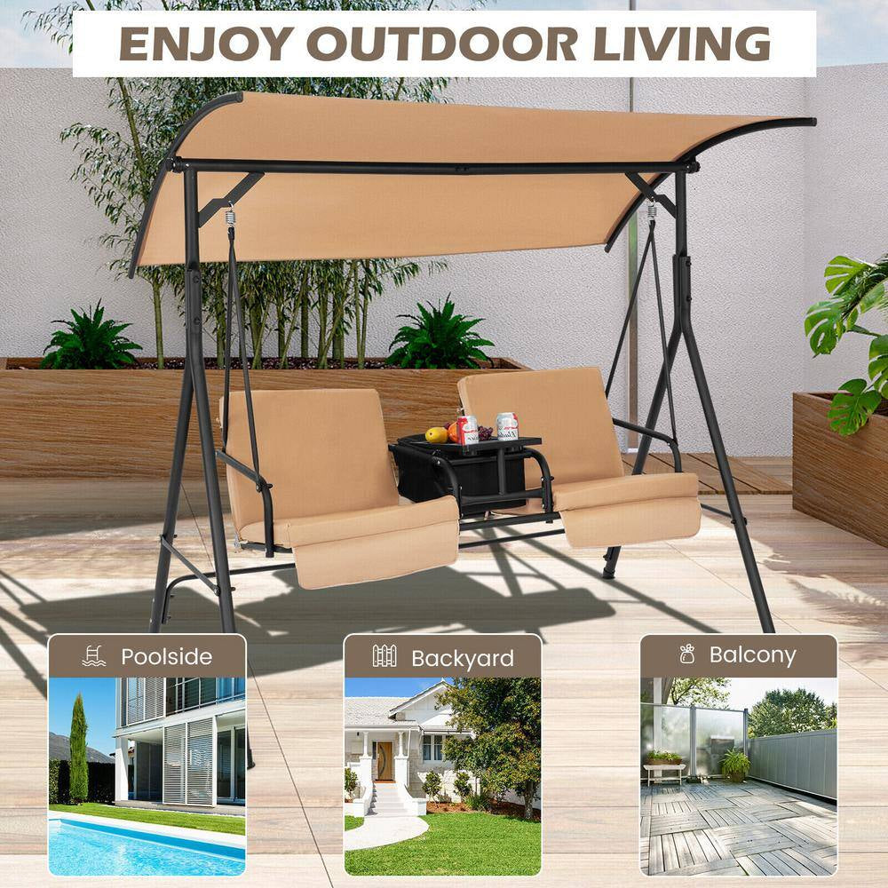 2-Person Metal Patio Swing Chair with Adjustable Canopy, 360° Rotatable Tray, Beige