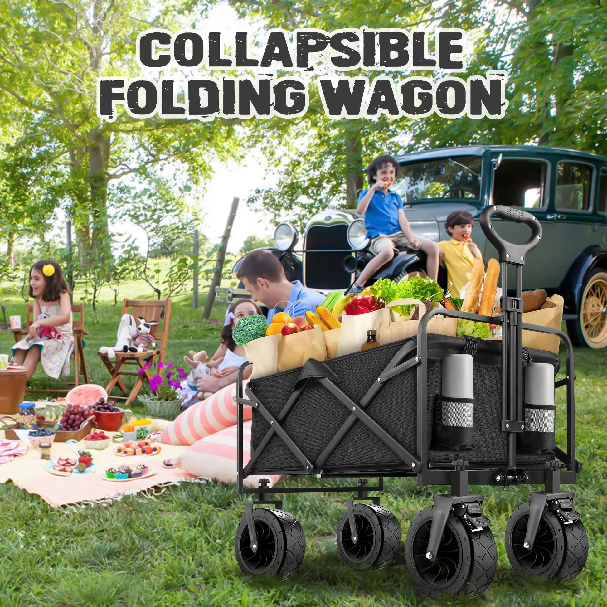 560Lbs Collapsible Folding Wagon, Big Bucket Beach Cart, Heavy Duty Large Capacity Garden Wagon with Multi-Terrain Brake Wheels for Outdoor Camping, Shopping, Sports, Grocery, Kids, Black