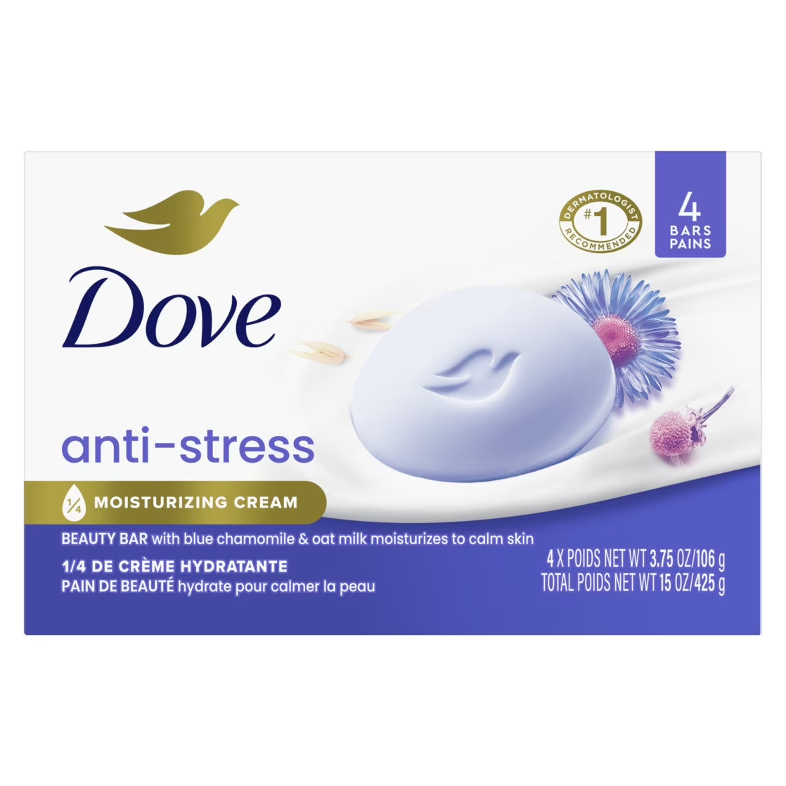 Beauty Bar Women'S Bath Soap Anti-Stress Blue Chamomile & Oat Milk, 3.75 Oz 4 Count