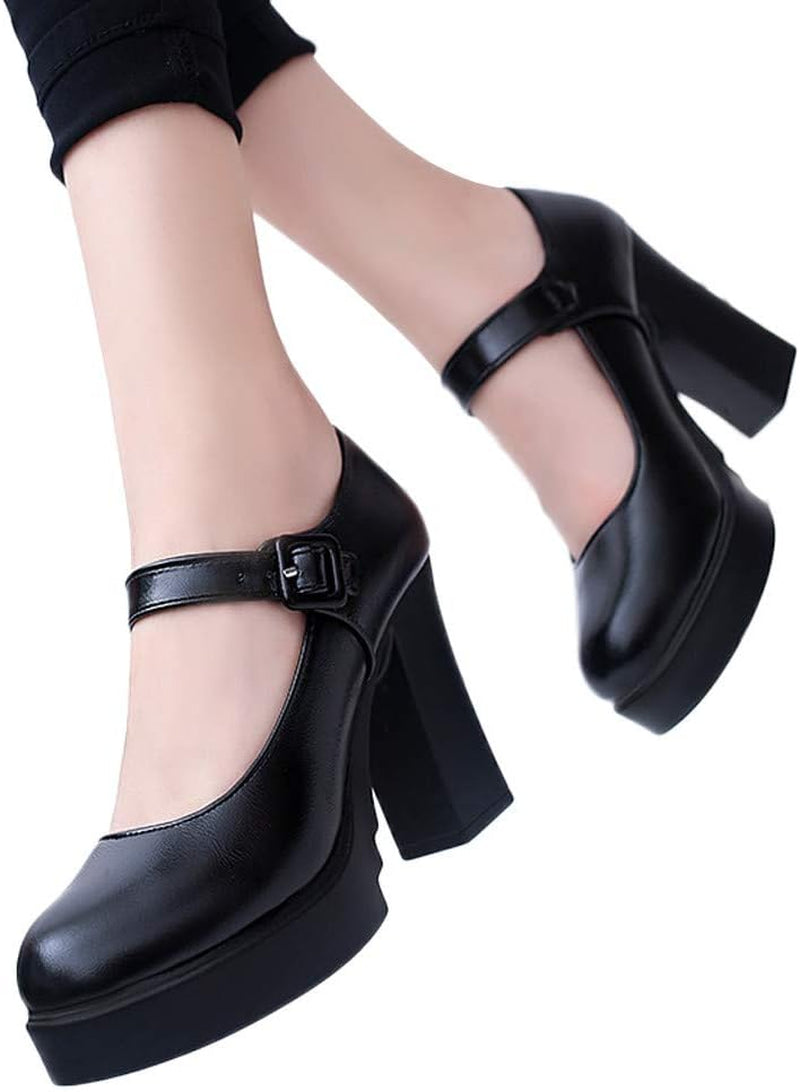 Women Work Shoes Elegant Casual High Heel Thick Heels Platform Ankle Buckle Strap Pumps 5.5 Black