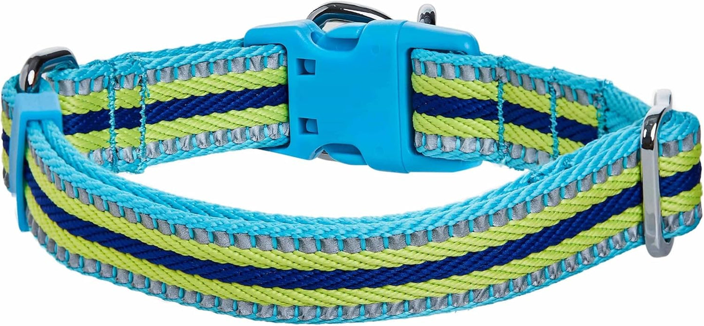 Safety Dog Collar with Dual D-Rings | 3M Reflective Multi-Colored Adjustable Collar in Blue and Yellow | Soft Nylon Dog Collar for Active Large Dogs