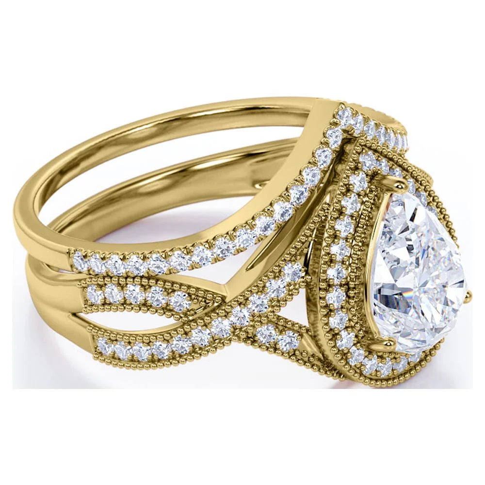 1.5 Carat Pear Cut Moissanite Wedding Set - Bridal Set - Art Deco Ring - Halo Ring - Cluster Ring - 18K Yellow Gold over Silver