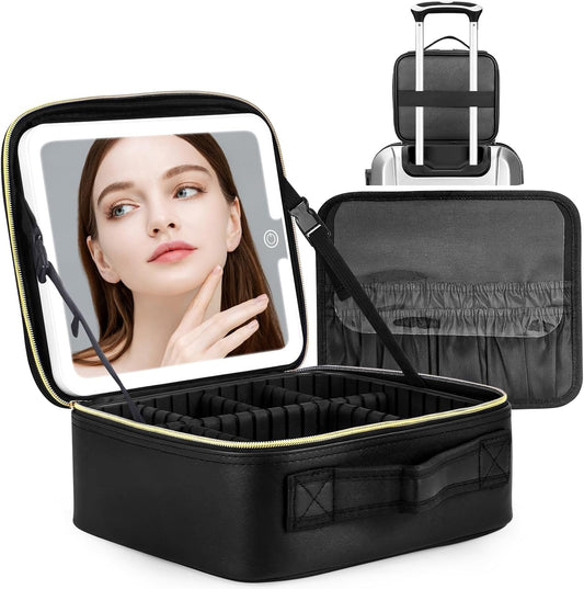 Makeup Bag with Lighted Mirror, Travel Makeup Case for Women and Makeup Artists Cosmetic Organizer Large Make up Bags with Light up Mirror, 3 Color Lights, Adjustable Dividers and Brush Holder, Black