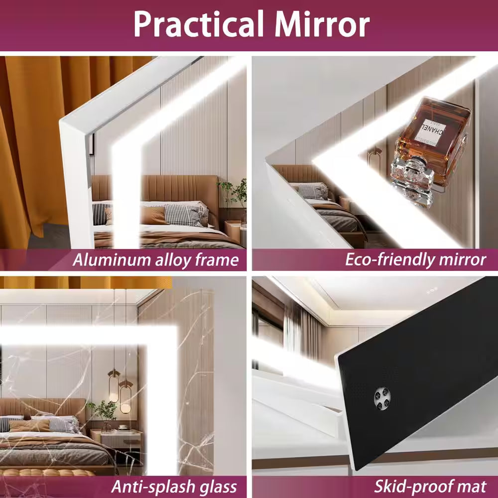 24.2 In. W X 18.9 In. H Square White Frame LED Makeup Mirror, 10X Magnification, USB Charging Port, 360° Rotation