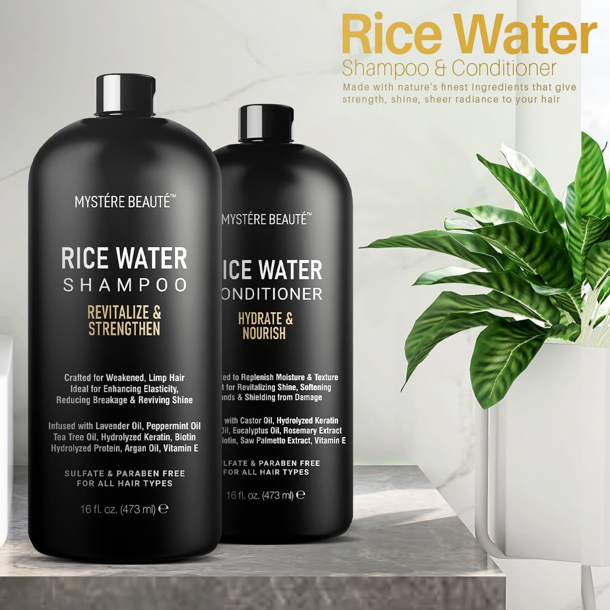 Rice Water Shampoo and Conditioner Set - Ultra-Nourishing Hair Care Set, Promotes Growth, Revitalizes Shine, and Shields from Damage - Infused with Essential Oils - 16 Fl Oz Each