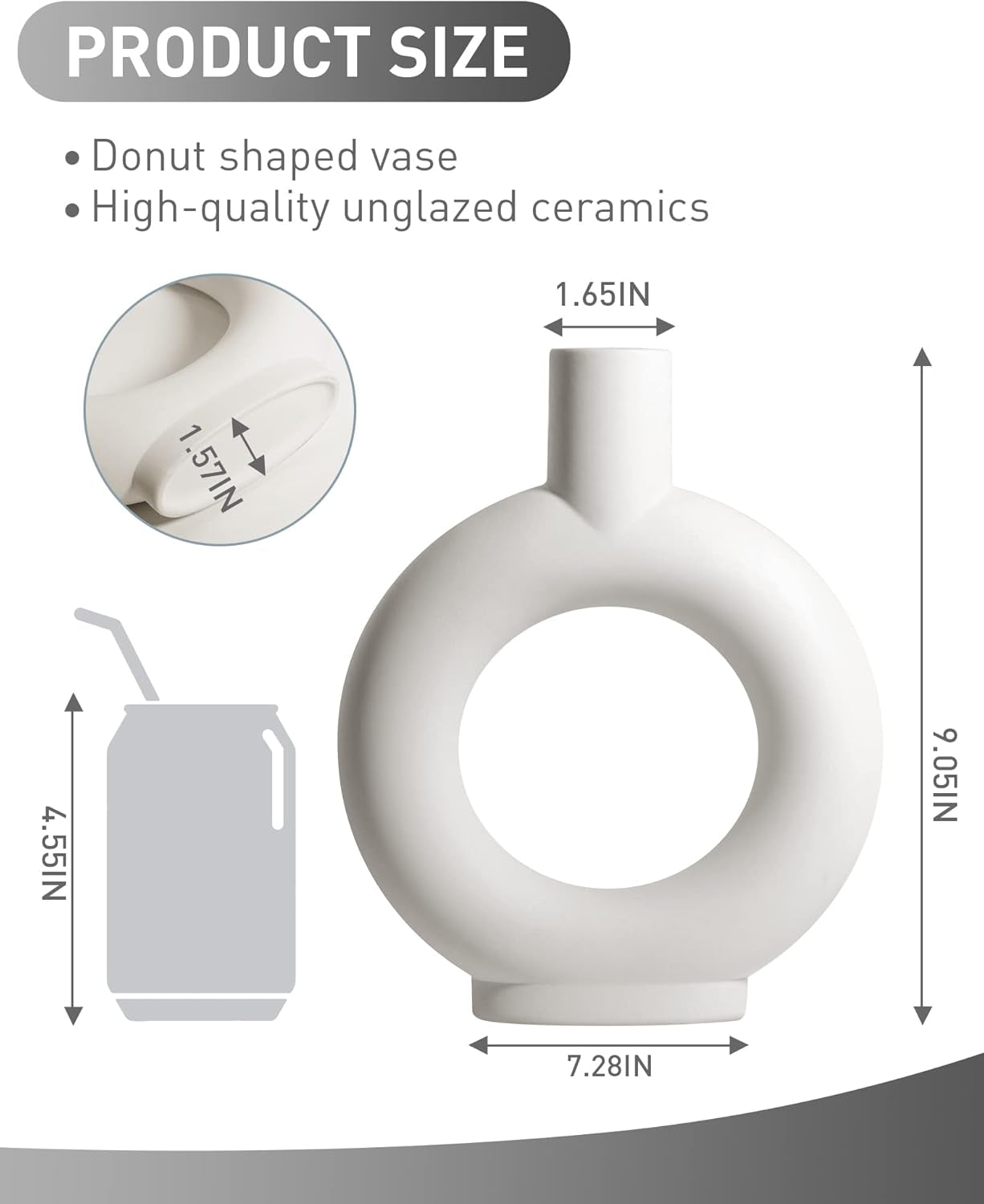 Modern White Ceramic Vase - Decorative Hollow Donut Floral Vase Home Decor Centerpieces, Flower Vase for Living Room, Kitchen, Office, Table, Bookshelf, Wedding Decor (White)